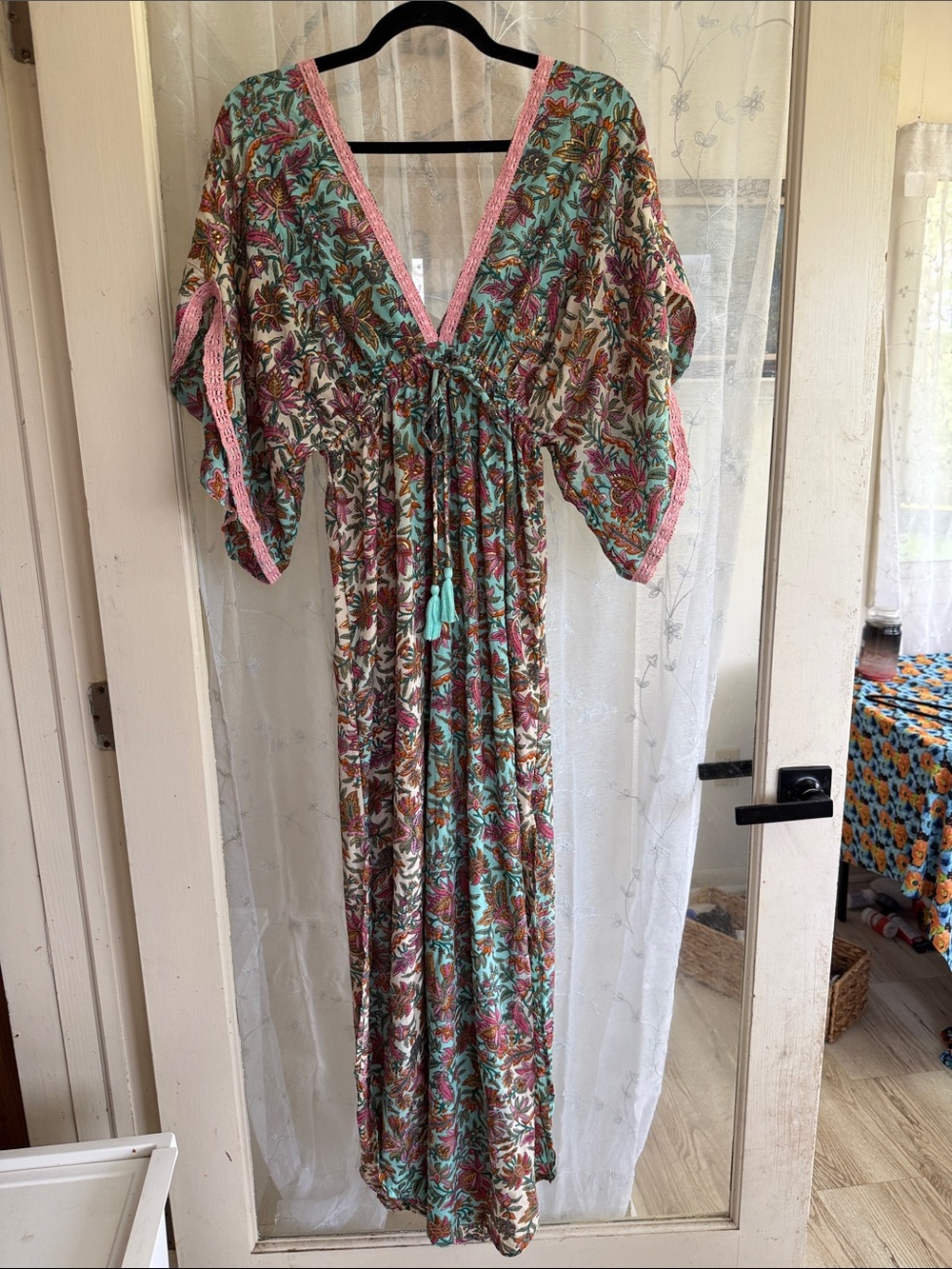 Floral Maxi Caftan with Pink Trim size L/Xl made by Karma Highway
